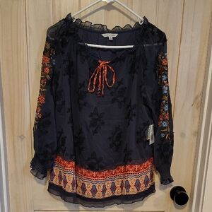 John Mark Black Blouse with Colorful Embroidery